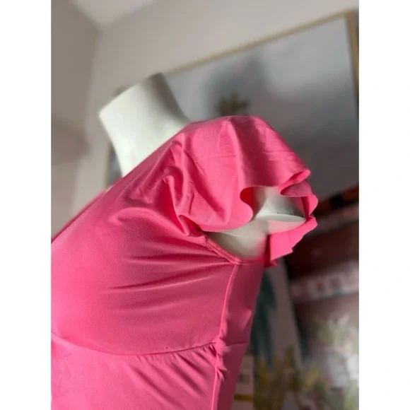 Trina Turk Pink Flutter Sleeve V-Neck One Piece Swimsuit Geranium Size 14 XL